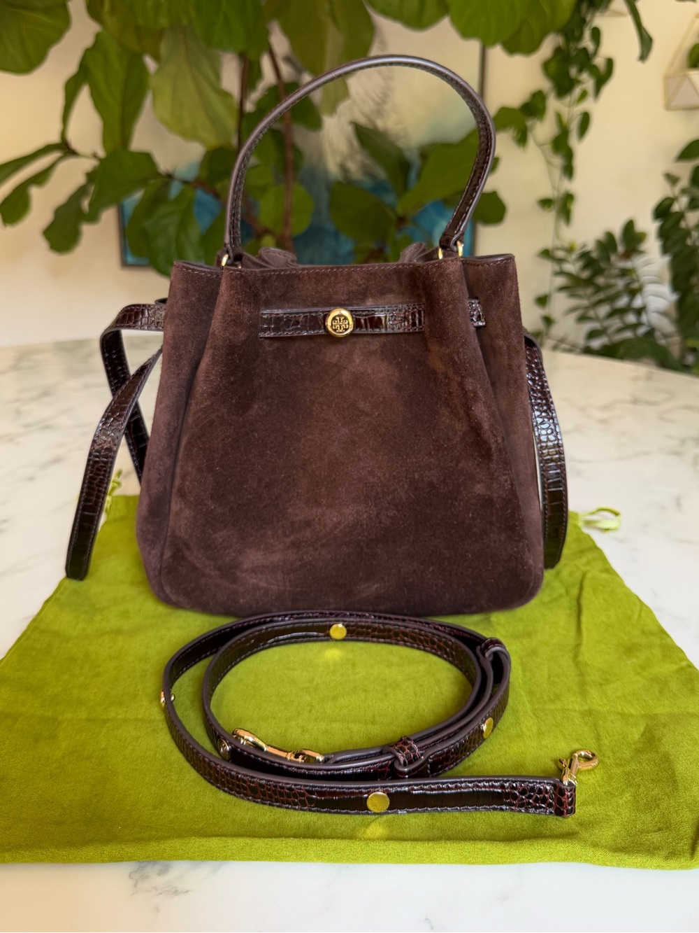 Tory Burch Romy Suede Bucket Crossbody Bag Dark Cocoa Brown Croc-embossed Strap